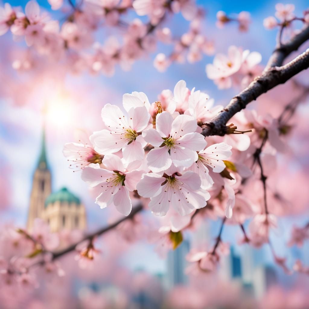 Pastel Cityscape with Cherry Blossom Outlines