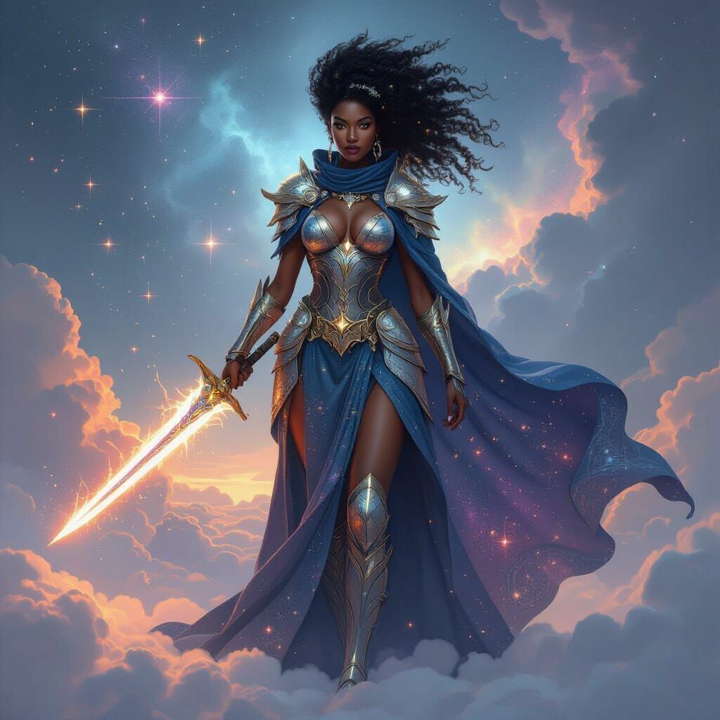 Celestial Afro-Latina Warrior in Cosmic Art Style