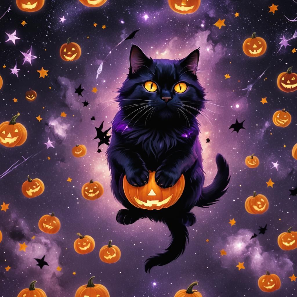 Black Cat in Space with Glowing Pumpkin