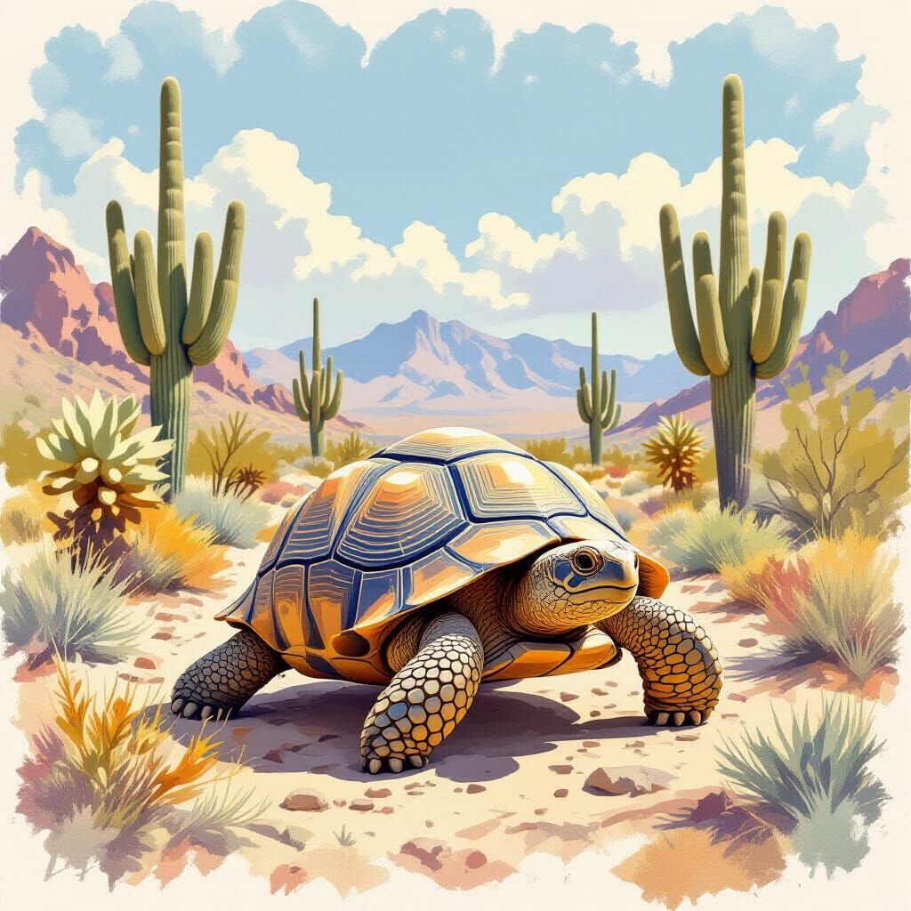 Desert Tortoise Walking Through Cactus Field in Watercolor
