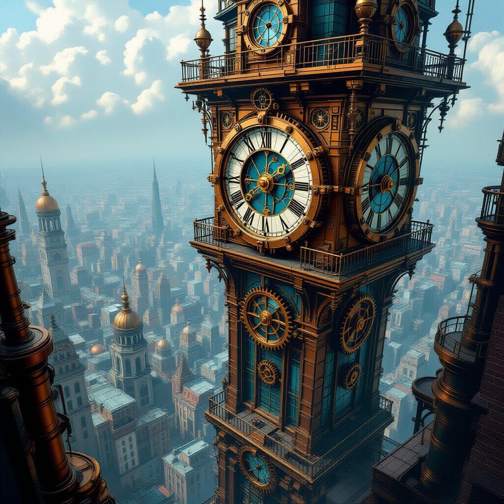 Steampunk Clock Tower Overlooking Cityscape