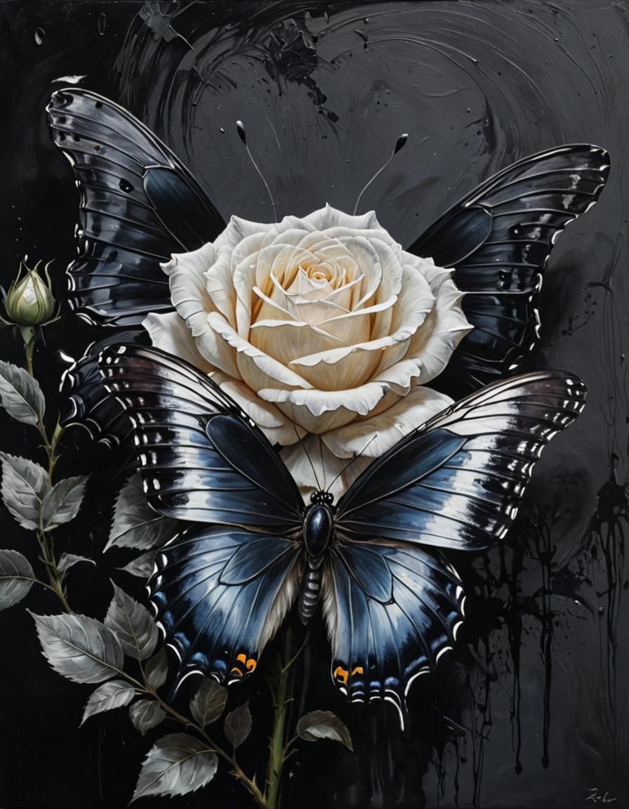 Black Butterfly on White Rose: Grunge Style