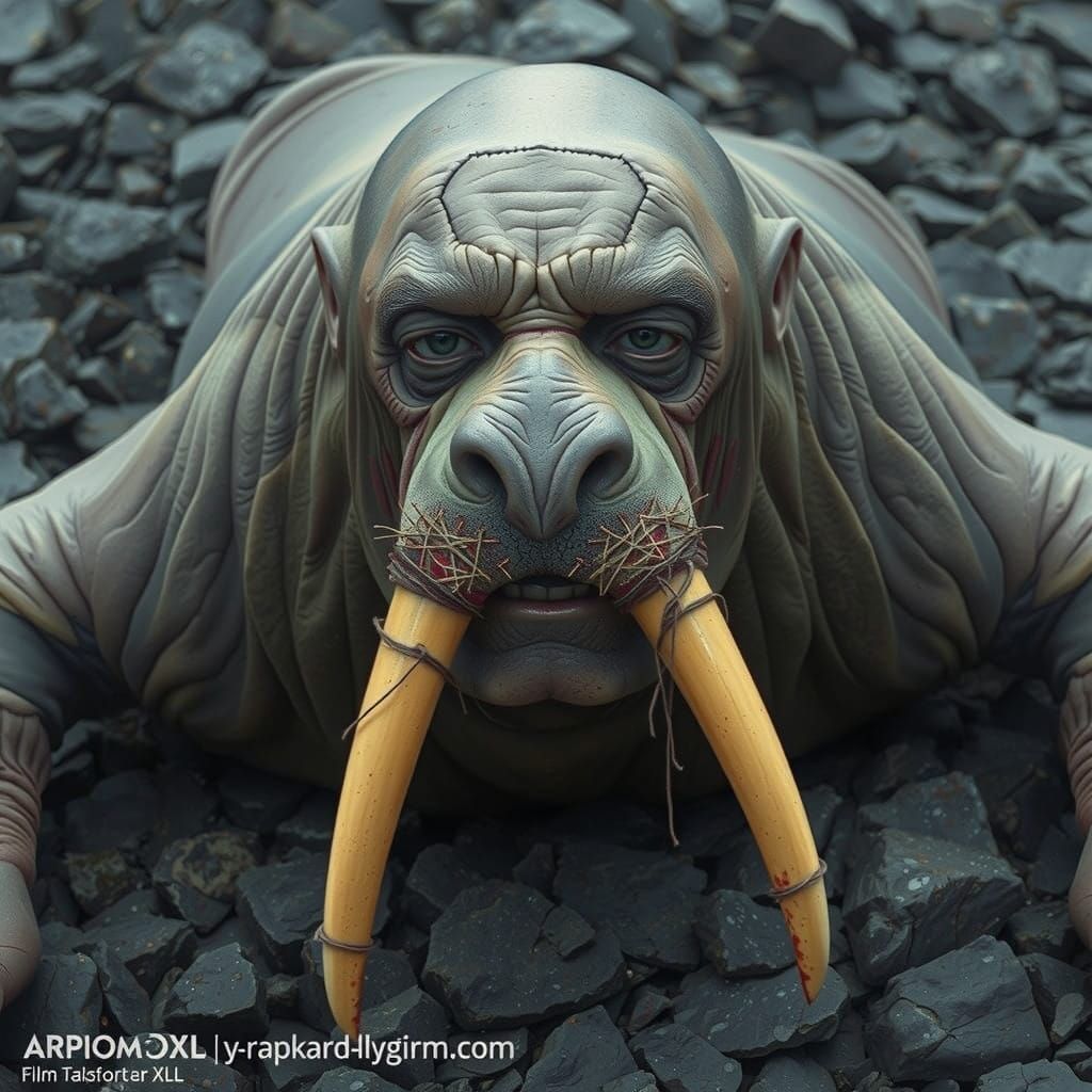 Grotesque Hybrid of Man and Walrus in Mutilated Bondage