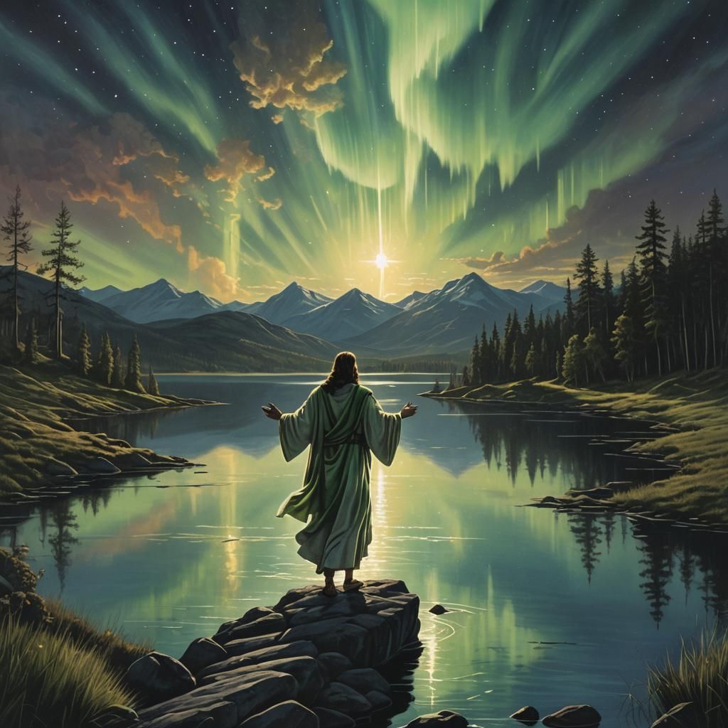 Jesus Emerges from Northern Lights Over Lake
