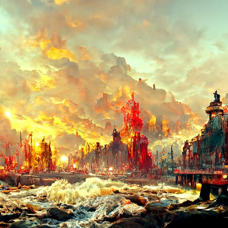 Infernal Cityscape Ablaze: Epic Landscape Painting