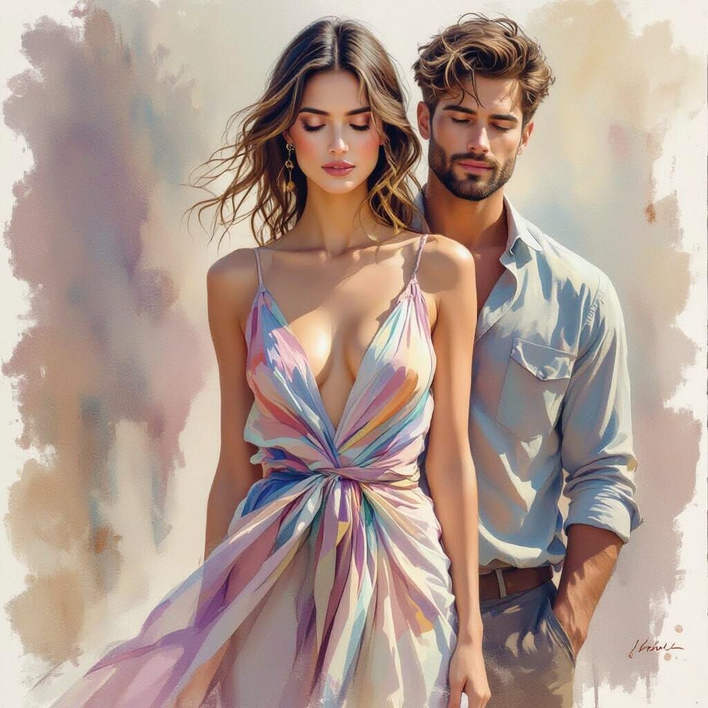 Romantic Couple in Sunset Hues, Fine Art Painting