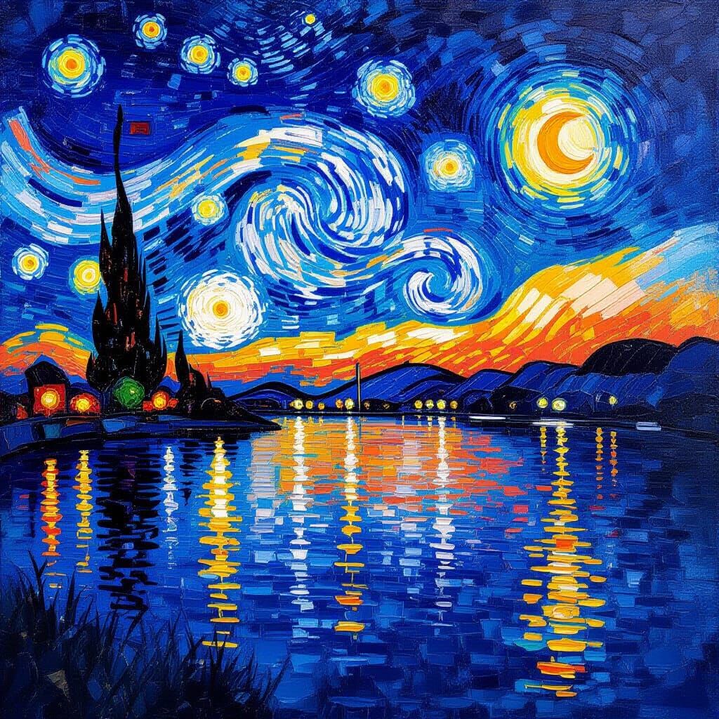 Starry Night Lake Reflections in Impasto Style