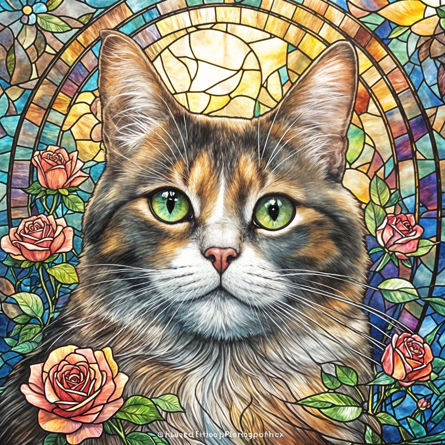 Pearl Cat in Stained Glass Rose Garden