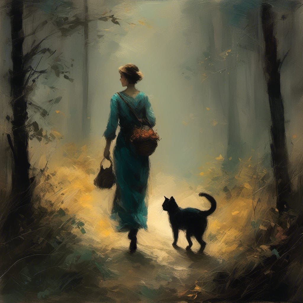 Woman and Cat Walking in Dark Forest