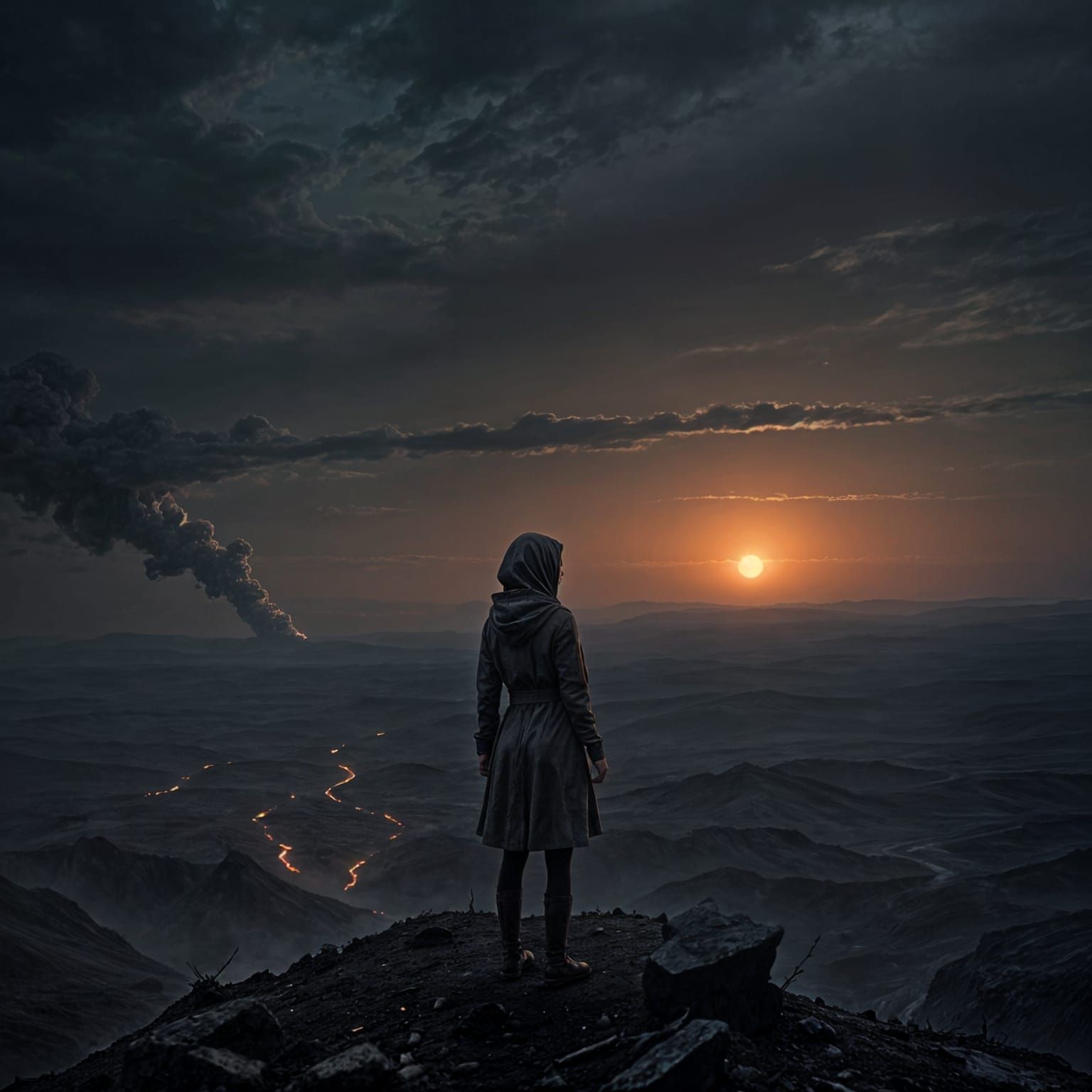 Desolate Figure Gazing at Dying Sun