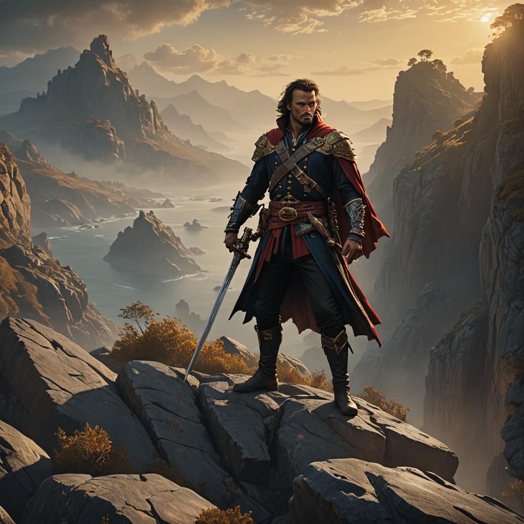 Heroic Swashbuckler on Cliff in Golden Light