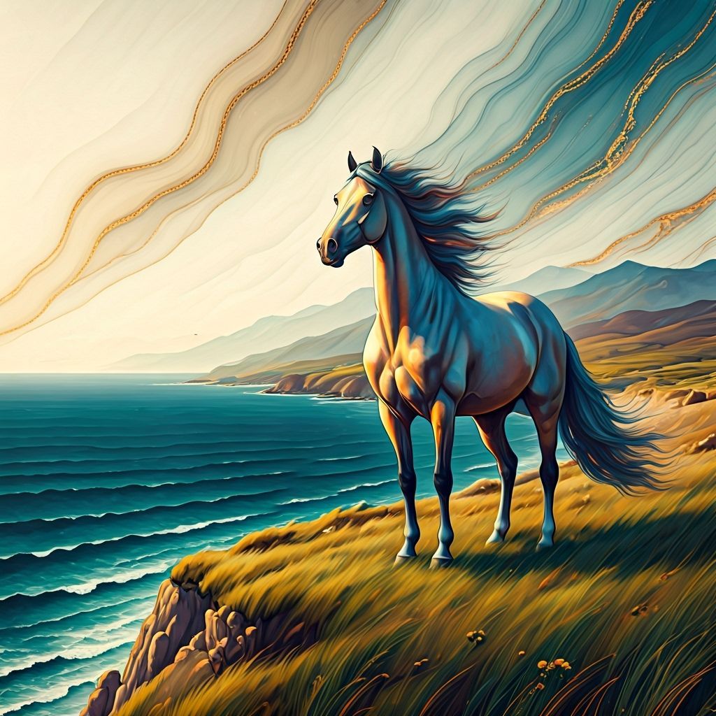 Dynamic Horse on Windy Cliff in Glasswork Style