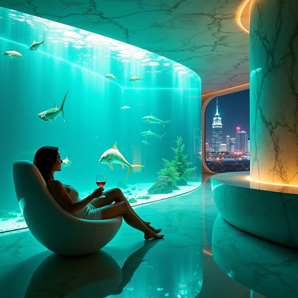 Luxurious Futuristic Living Room with Aquarium, in High-Tech...