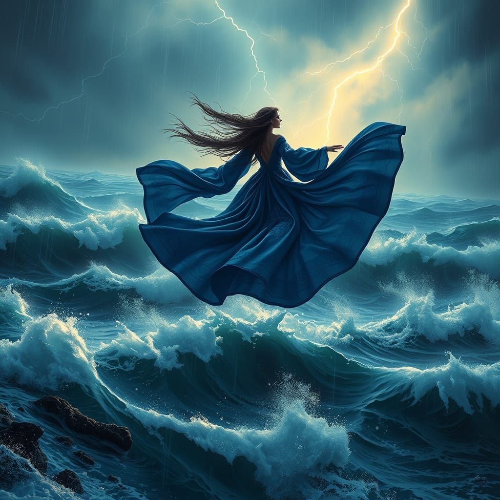 Storm Goddess in Blue Gown Soars Above Turbulent Ocean