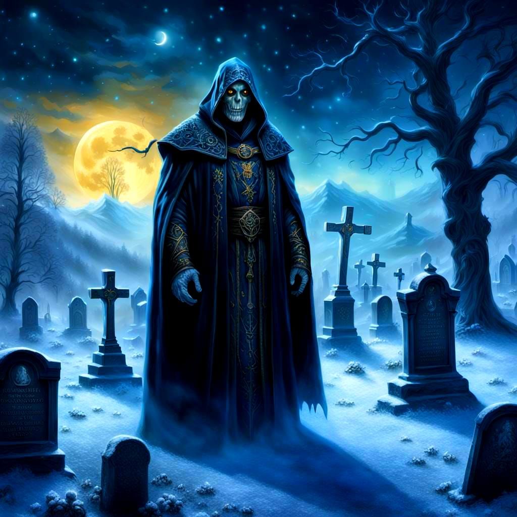 Dark Necromancer in Winter Cemetery: A Hyperrealistic Vision