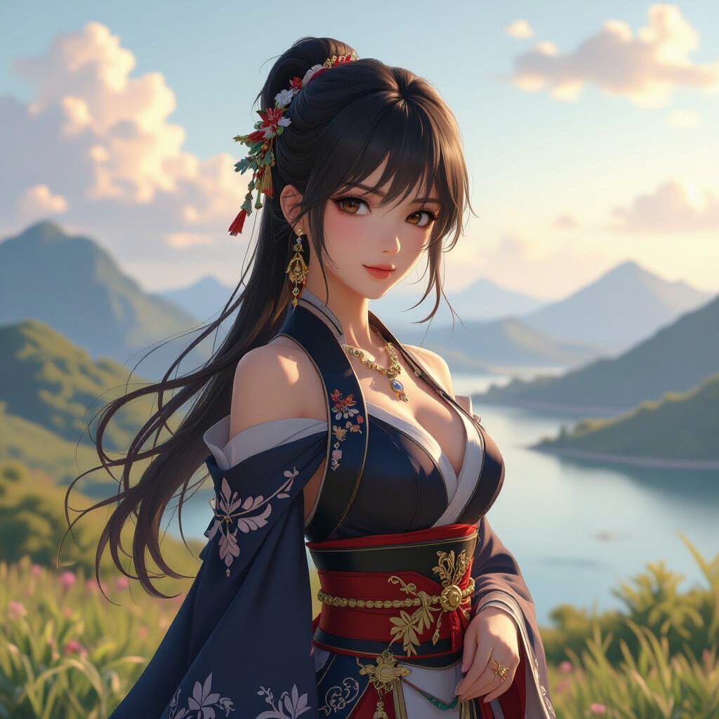 Elegant Anime Woman in Serene Landscape, 3D Art