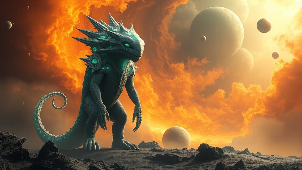 Wise Bioluminescent Alien in Autumn Nebula