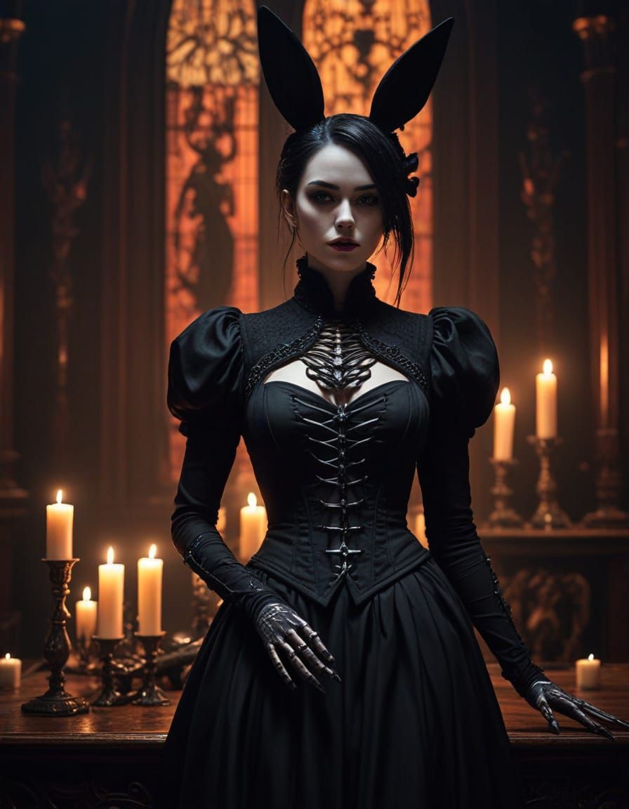 Gothic Woman Embracing Skeleton in Victorian Elegance