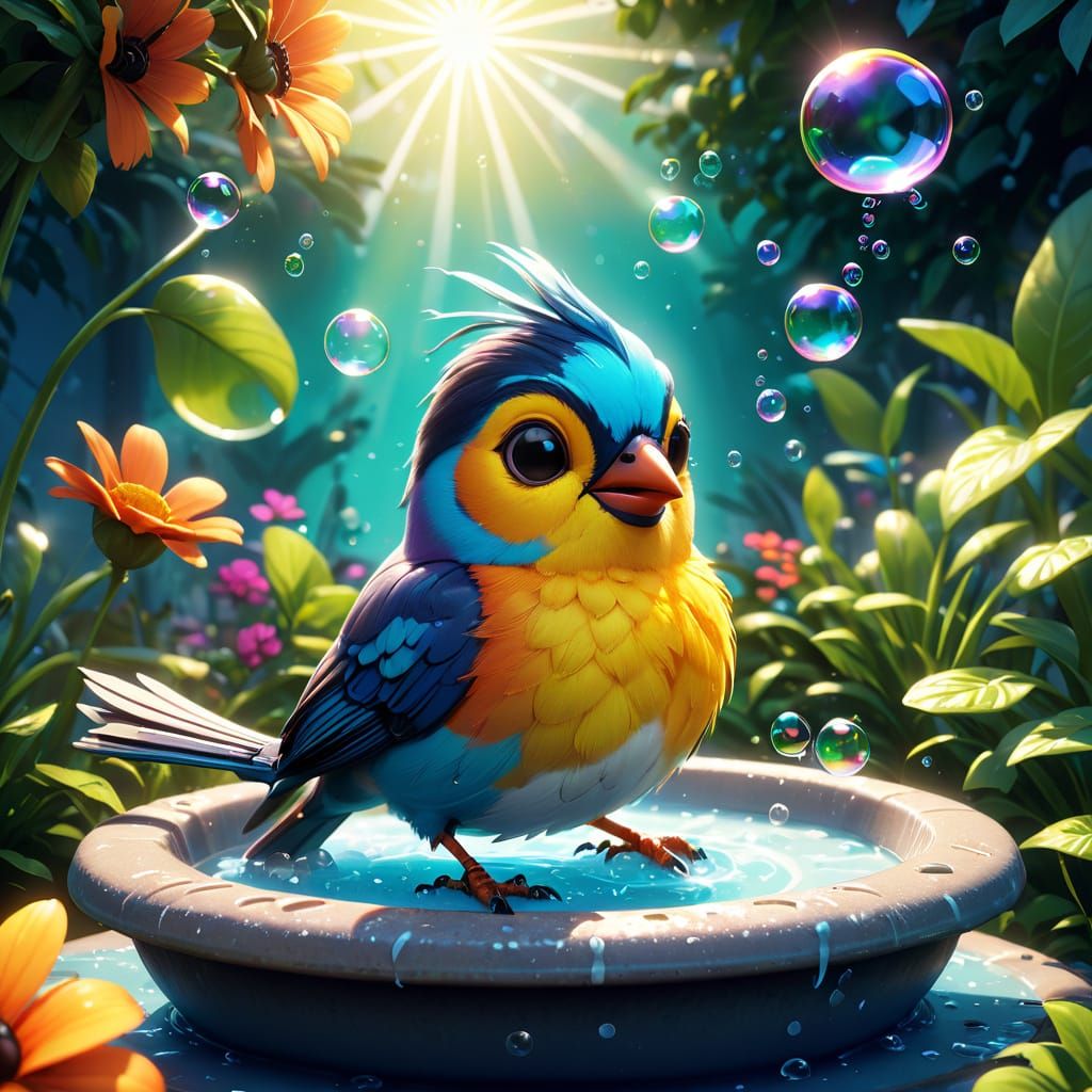 Bird Soaks in a Vibrant Bubble Bath Amidst a Lush Garden in ...