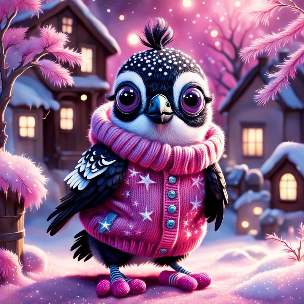 Cute Baby Magpie with Googly Eyes in Pink Jumper