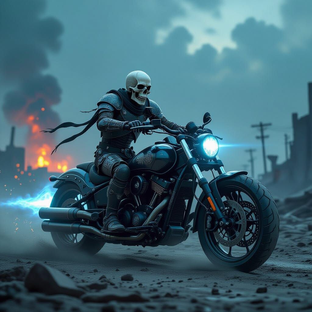Skeleton Warrior Rides Chrome Motorcycle in Post-Apocalyptic...