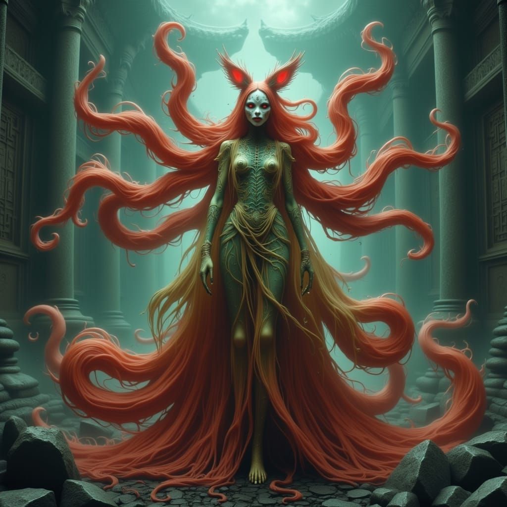 Ethereal Kitsune Enchantress in Dark Surreal Dreamscape