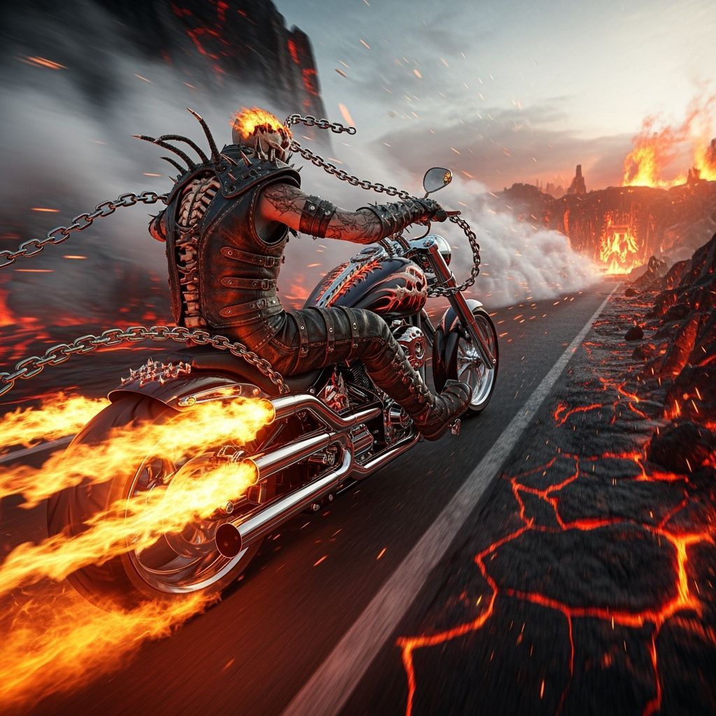 Skeletal Rider Escapes Hell on Flaming Harley