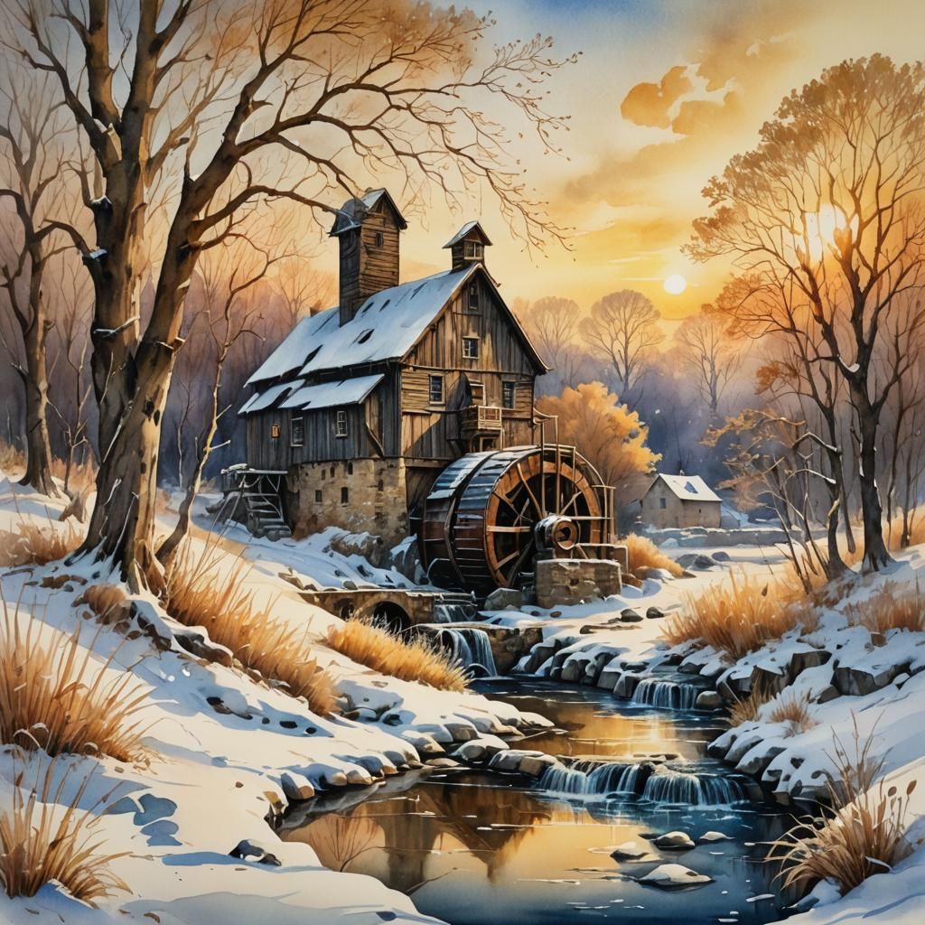Winter Landscape with Water Mill in Watercolor Style