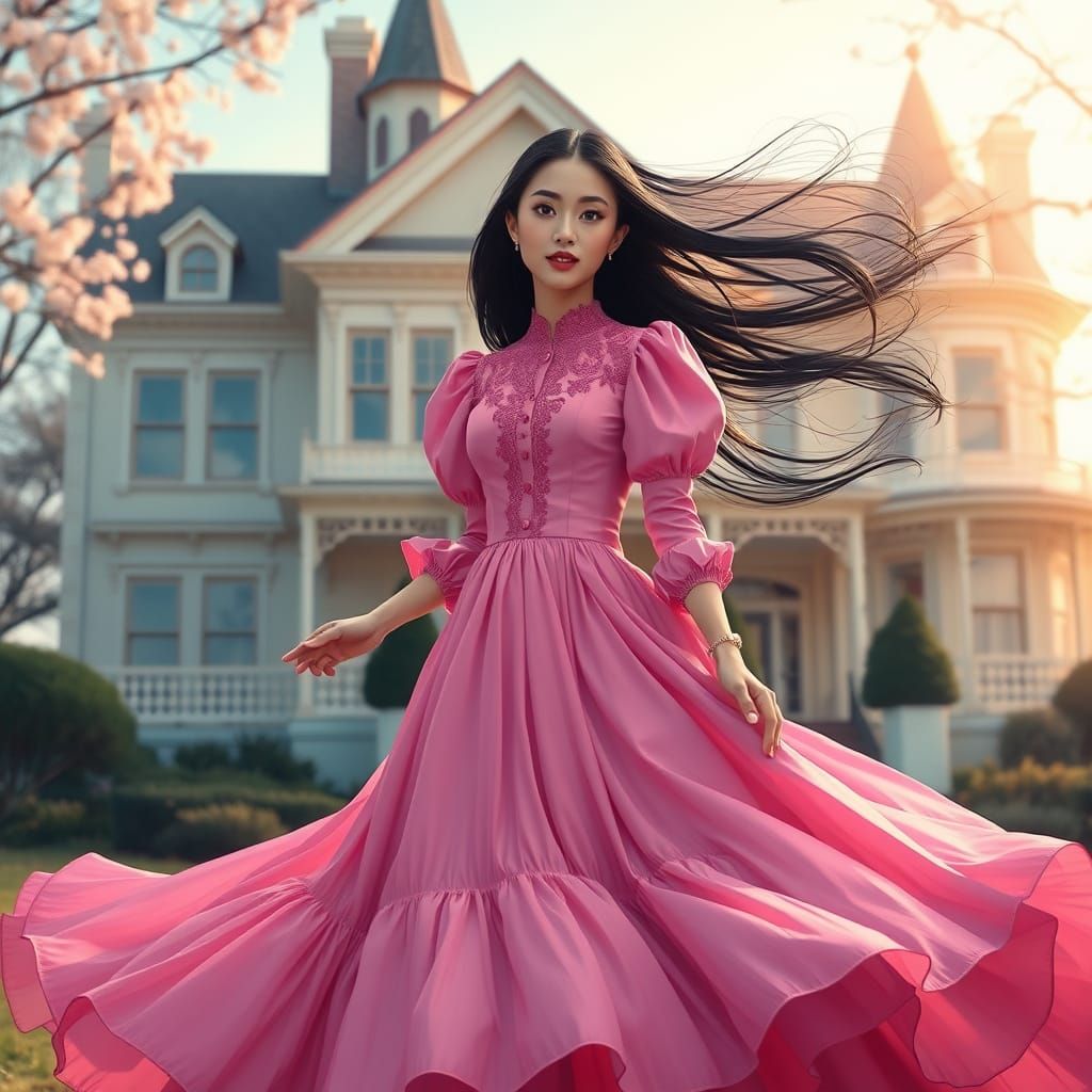 Elegant Woman in Magenta Gown at Victorian Mansion