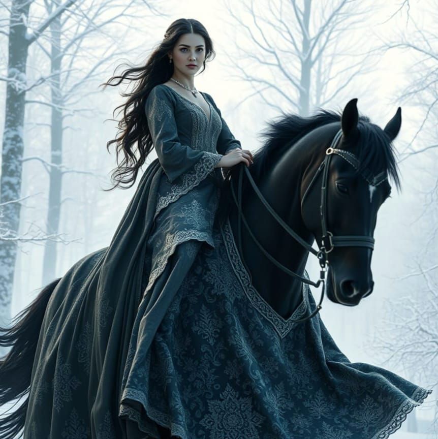 Mysterious Woman Rides a Majestic Black Stallion through a S...