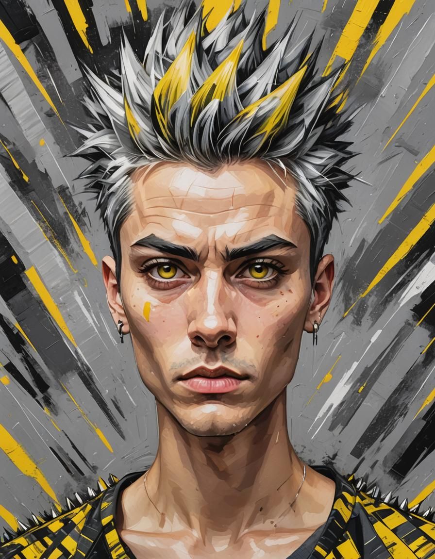 Neo-Impressionist Portrait with Spiky Mohawk and Bold Colors