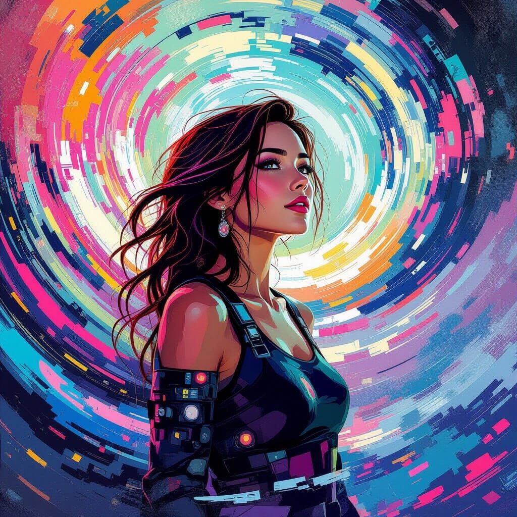 Dreamlike Woman in Vibrant Futuristic Landscape