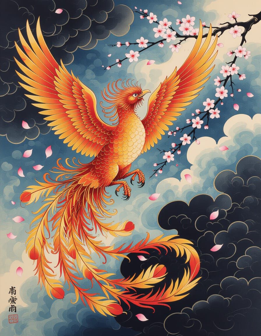 Japanese Fire Phoenix Back Tattoo Design in Sumi-E Style