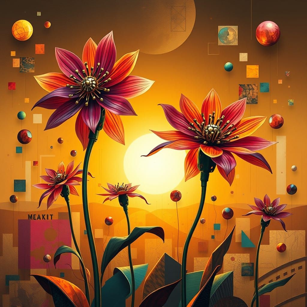Robotic Passion Flowers in Whimsical Futuristic Landscape