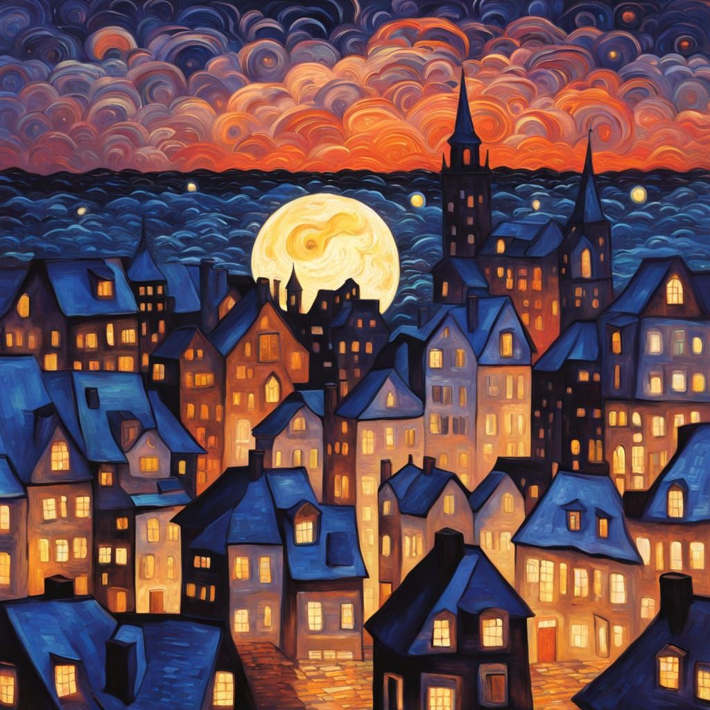 Expressionist Cityscape Mosaic: Moonlight Buildings Under St...