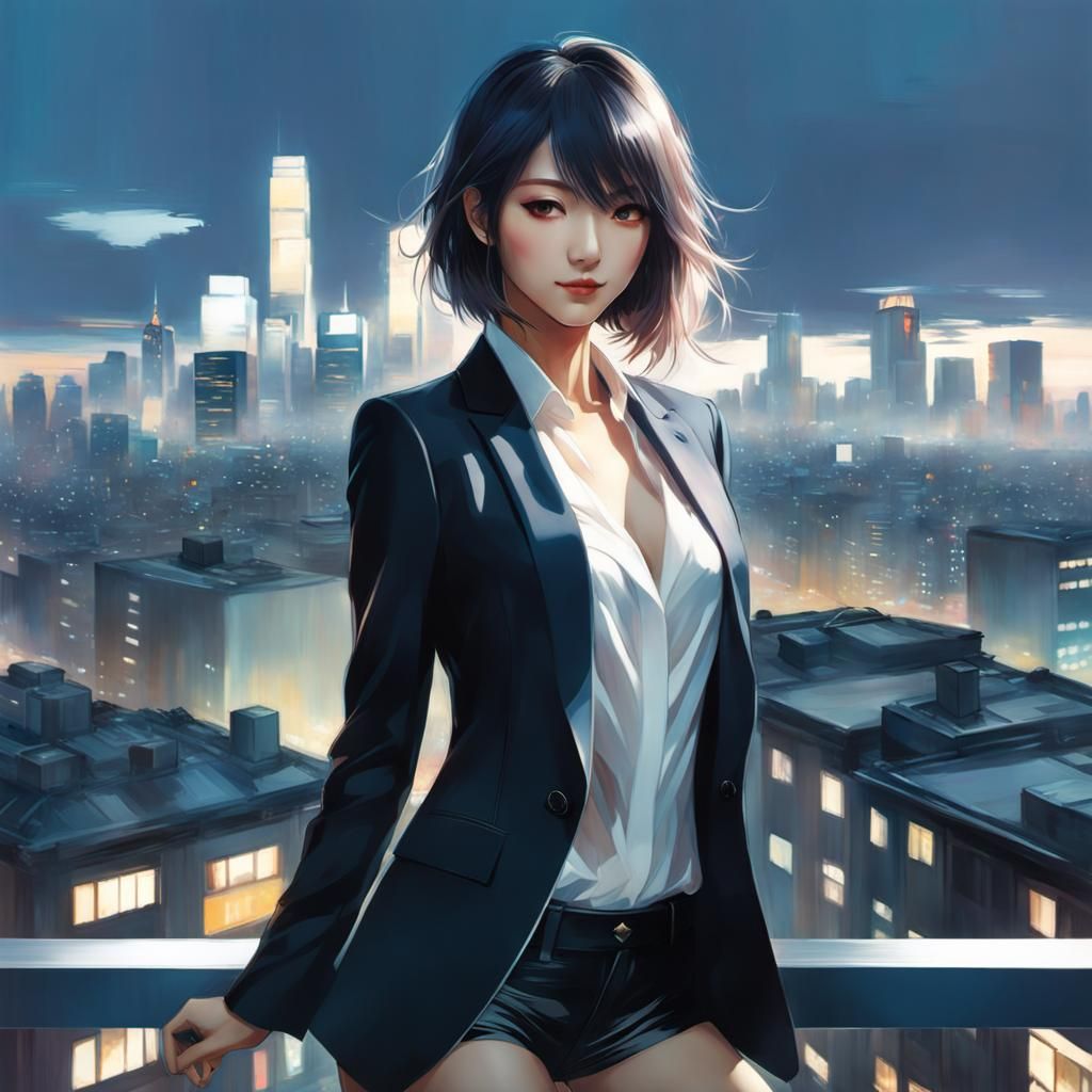Anime Woman Posing with Cityscape Backdrop