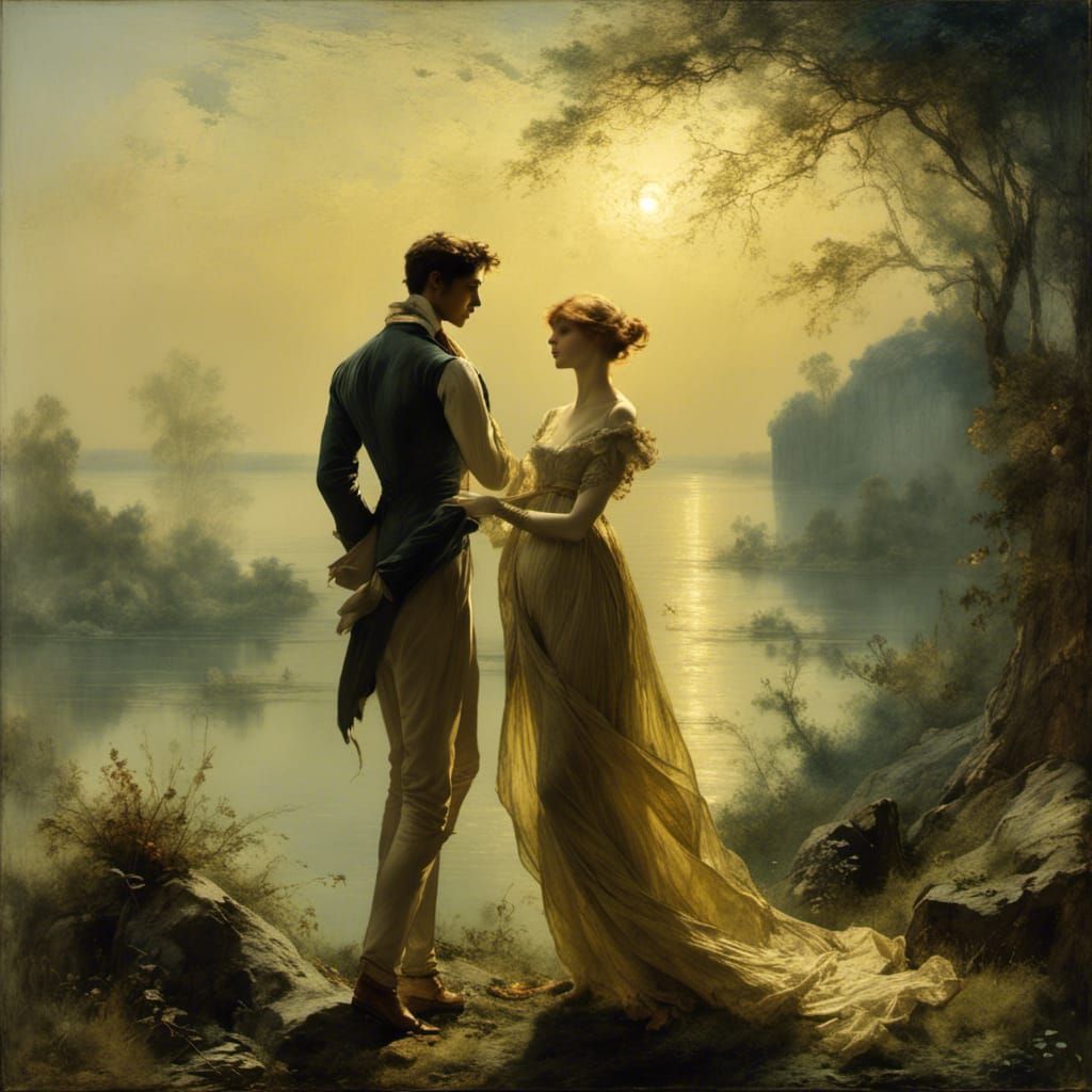 Golden Hour: Verdant Landscape with Couple in Regency Dress
