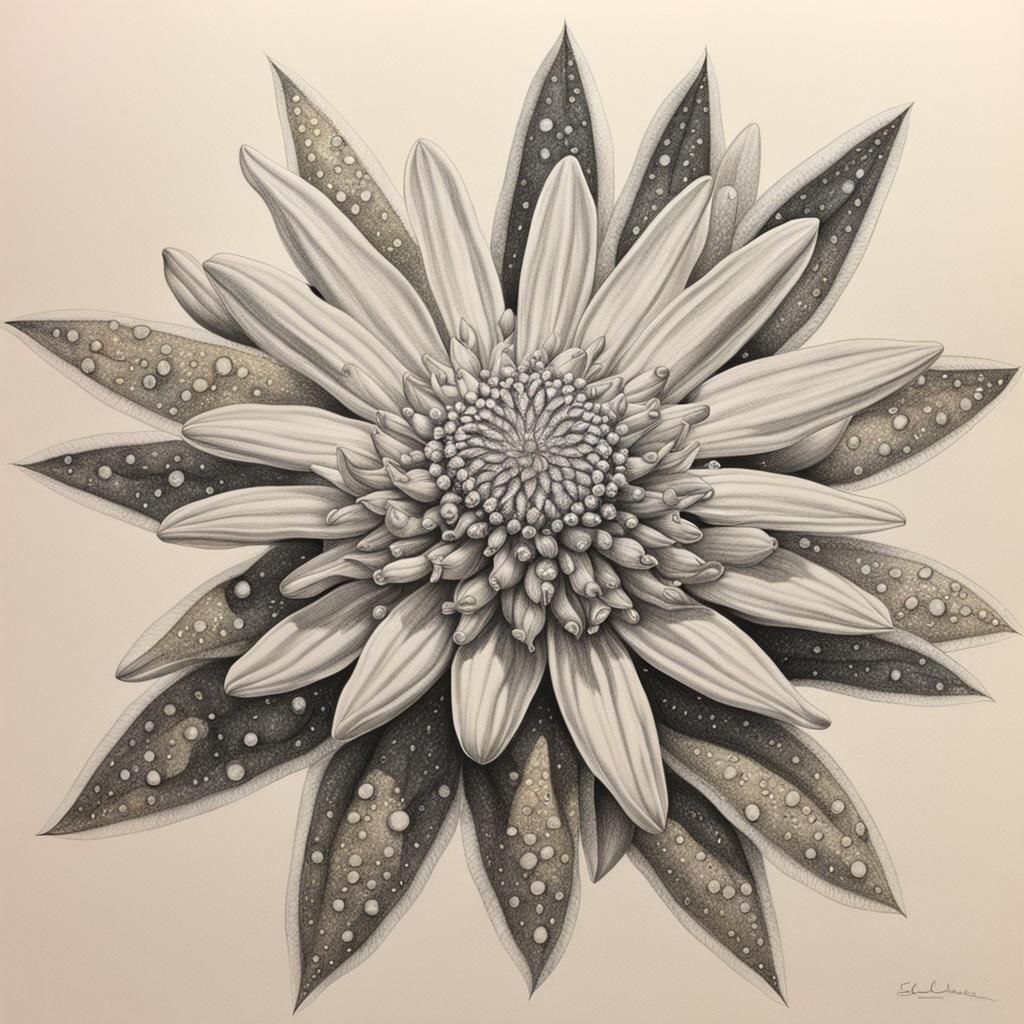 Hyperrealistic Edelweiss Ink Drawing with Light Rays