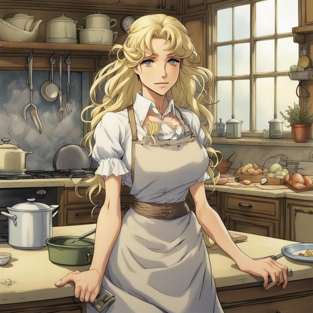 Blond Woman in Kitchen, Arthur Rackham Anime Style