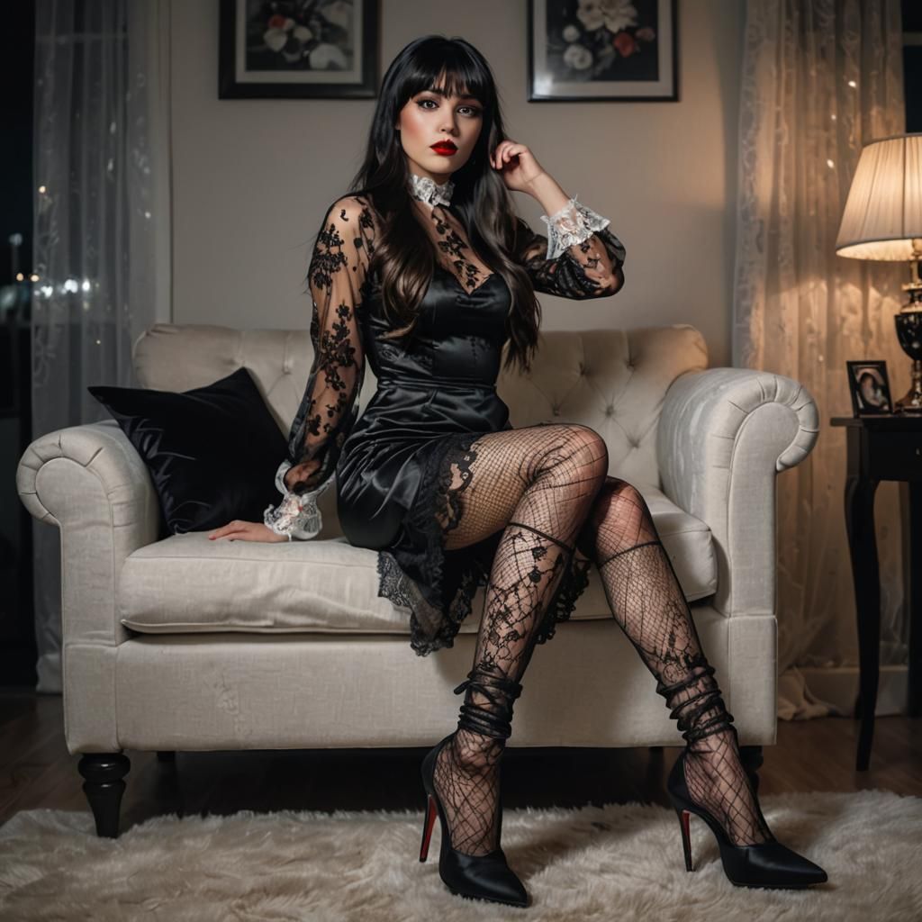 Realistic Portrait of Woman in Lace Satin Outfit