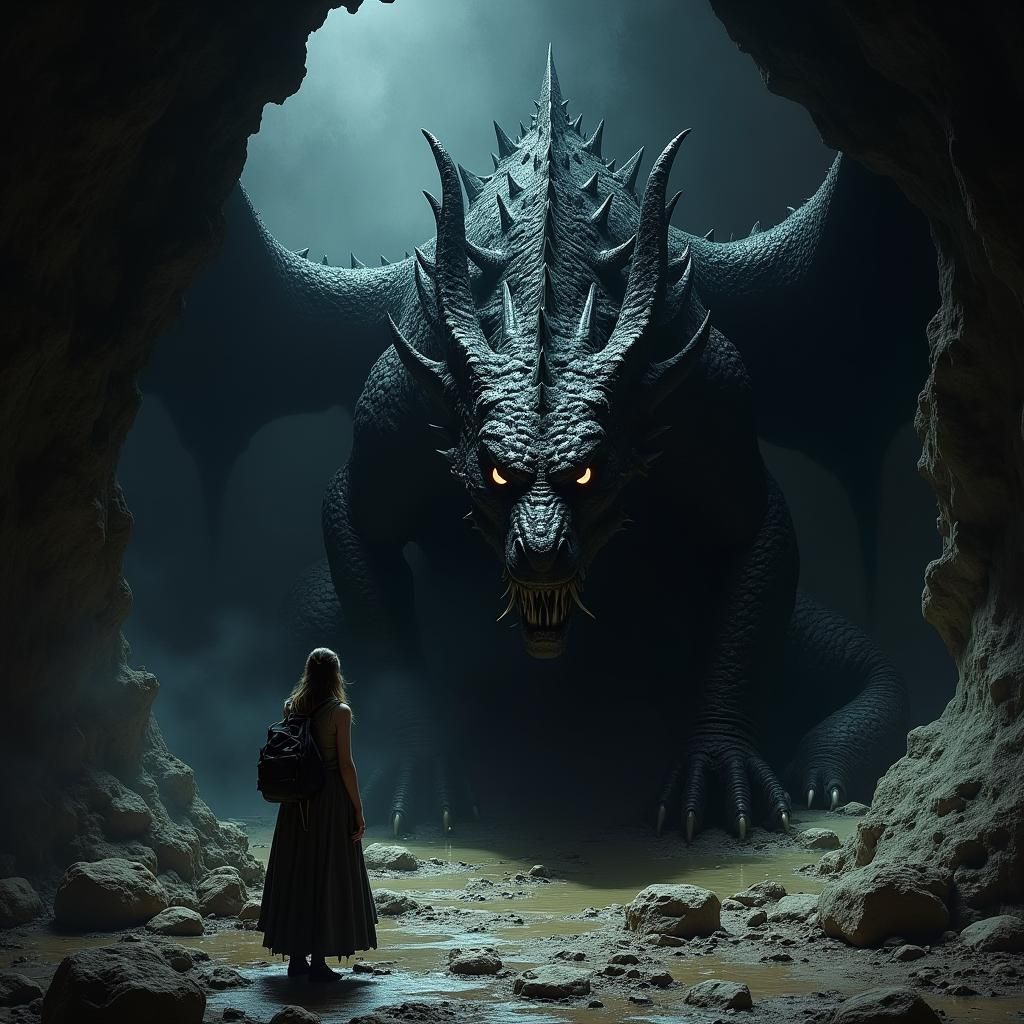 Dark Mythical Dragon in Shadowy Cave