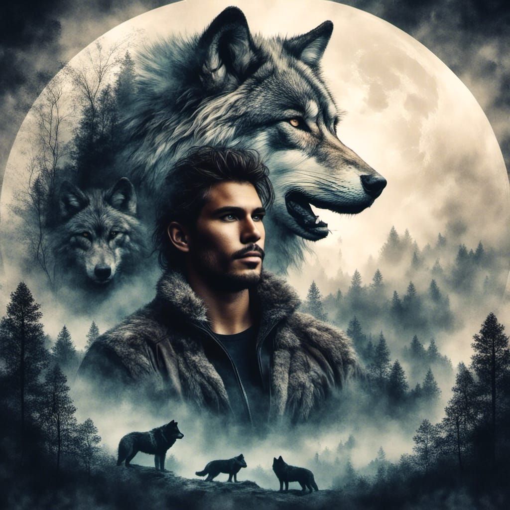 Native American Man with Wolves in Wilderness