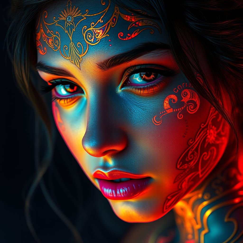 Golden Tattoo Lady in Neon Light: Digital Art