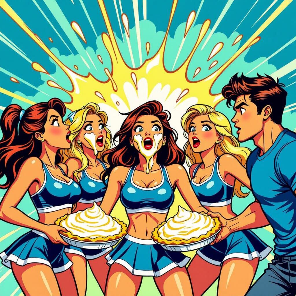 Cheerleaders Get Custard Pies in Comic Book Style