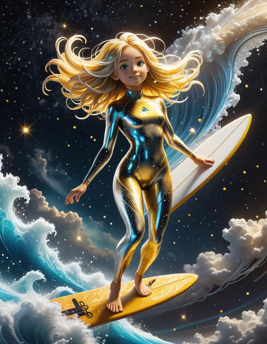 Kawaii Surfer Goddess on Comet's Tail in Celestial Cosmic La...