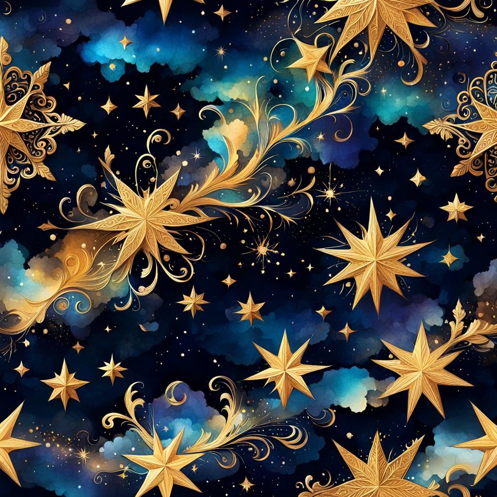 Celestial Midnight Sky with Golden Outlines