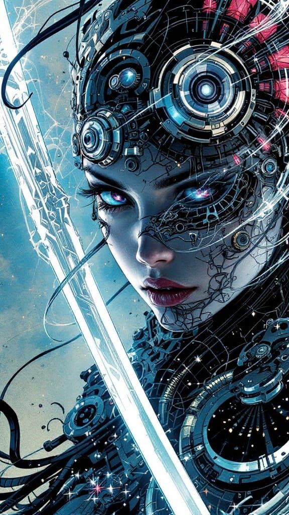 Surreal Cyberpunk Ninja Unfolds in Moonlit Stillness