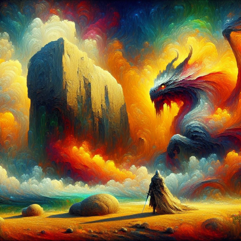 Knight Hiding From Dragon in Fantasy Landscape
