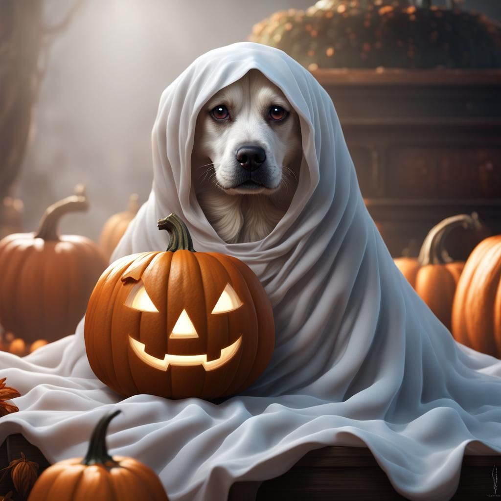 Dog in Ghost Costume Beside Pumpkin