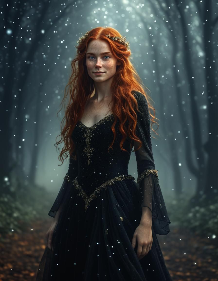 Renaissance Elf Woman Emerging from Darkness